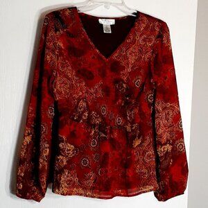 KATHERINE NEW YORK Long Sleeve Smocked Chiffon Tunic; Rust/Gold/Brown Size Small